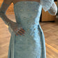 Blaues, langes Satin-Ballkleid mit Perlen, Abendkleid, Partykleid, nv4882