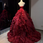 Burgundy Strapless Ball Gown 3D Rose Beaded Ruffle Tulle Formal Evening Dress  NV6972