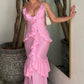 Pink Stylish Spaghetti Straps Elegant Long Ruffled Chiffon Prom Evening Gown Wedding Guest Party Dress nv3324