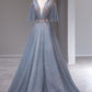 Robe de soirée longue en tulle bleu, magnifique, exquise, avec des appliques florales, sexy, col en V, ligne A, paillettes, élégante, longueur au sol, nv3813