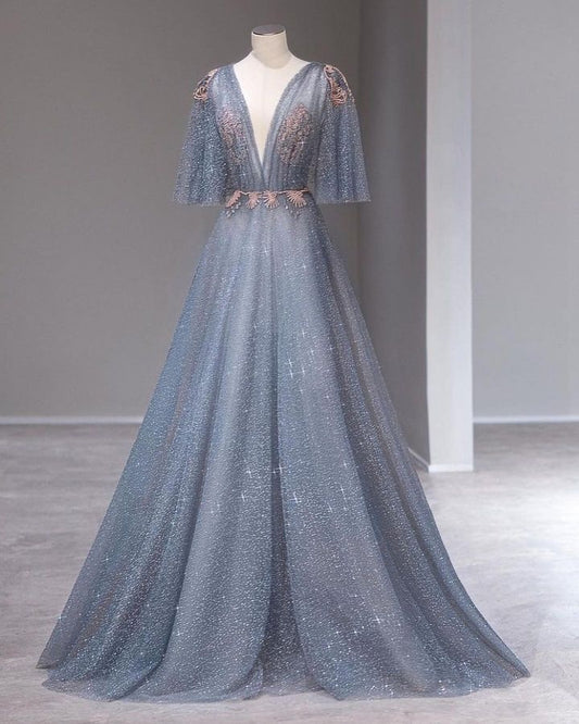 Blue Gorgeous Exquisite Floral Applique Sexy V-Neck A-Line Sequined Long Tulle Elegant Floor Length Ball Gown Evening Dress nv3813