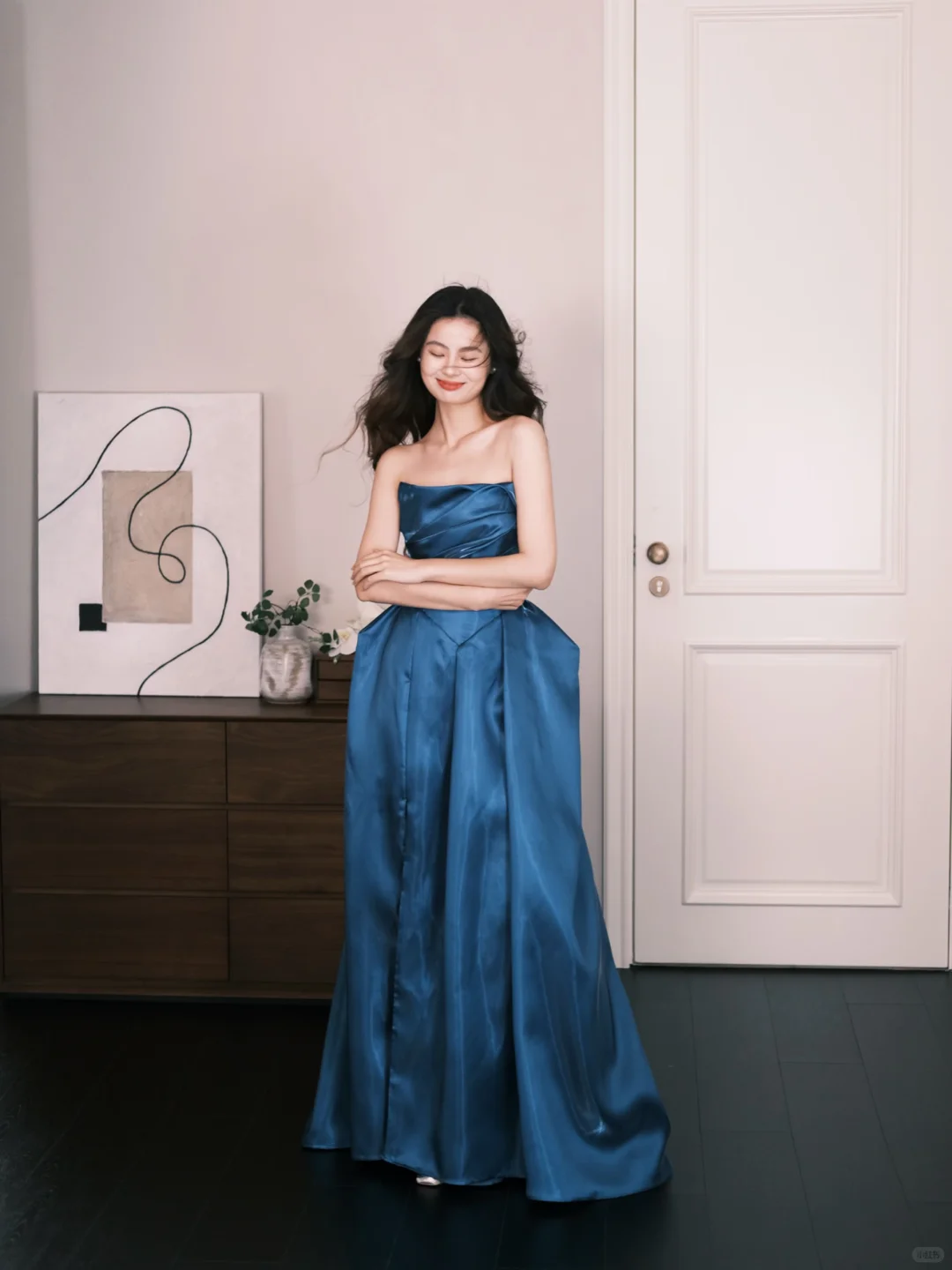 Peacock Blue Strapless Satin High Slit Formal Prom Dress  NV7310
