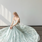 Mint Green Strapless Deep V Prom Gown Vertical Sequin Beading 3D Flower A Line Evening Dress  NV7154