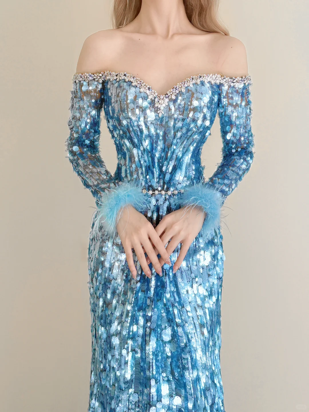 Ice Blue Sequin Off Shoulder Mermaid Prom Gown Long Sleeve Feather Formal Dress  NV7170