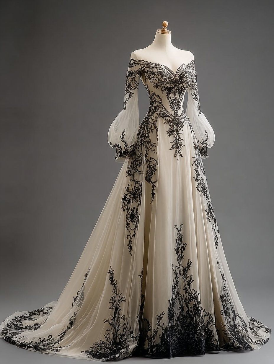 NiceVestidos-Black-White Paneled Lace Tulle Off-Shoulder Lantern-Sleeve Floor-Length Gothic Gown NV6203