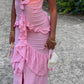 Pink Stylish Spaghetti Straps Elegant Long Ruffled Chiffon Prom Evening Gown Wedding Guest Party Dress nv3324