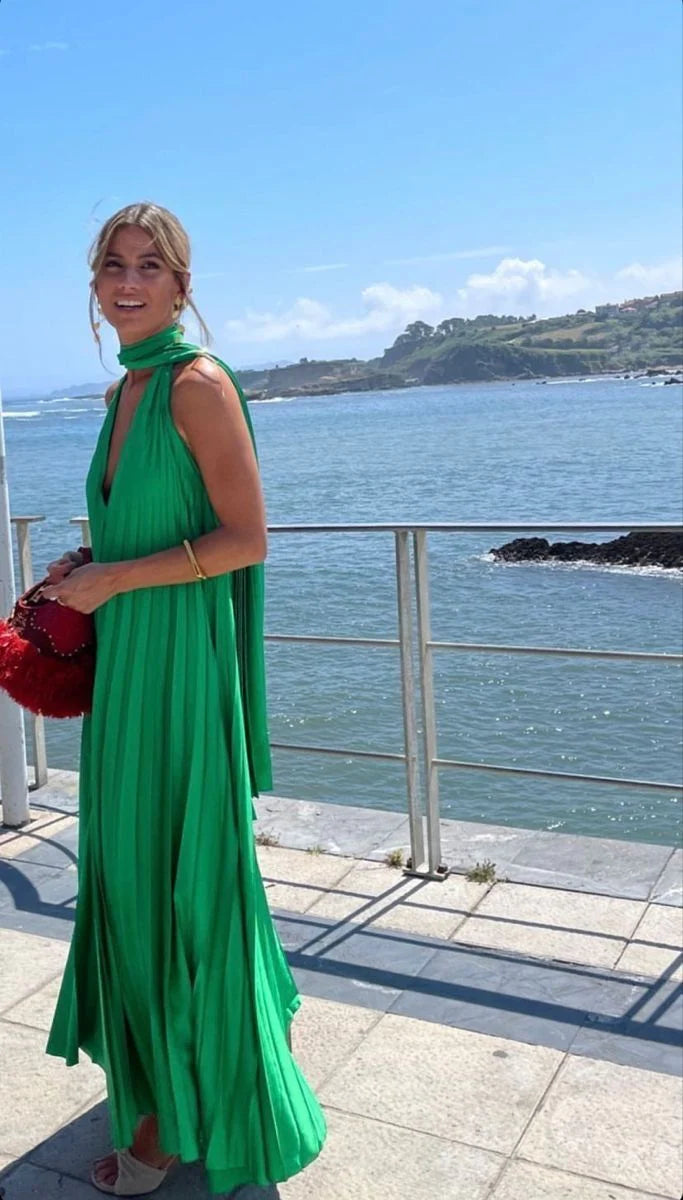 Rosa/grünes V-Ausschnitt, tief ausgeschnitten, lang, elegantes Satin-Ballkleid, Abendkleid, Hochzeitsgastkleid nv2976