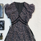 Black Floral Print Short Homecoming Dress V Neck Puff Sleeve Velvet Trim Lace Hem Vintage Cocktail Gown  NV6915