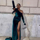 Green fashion one shoulder long velvet sexy slit ball gown evening dress nv3282