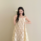 Champagne Square Neck 3D Floral Tulle Dress Pearl Evening Gown  NV7131