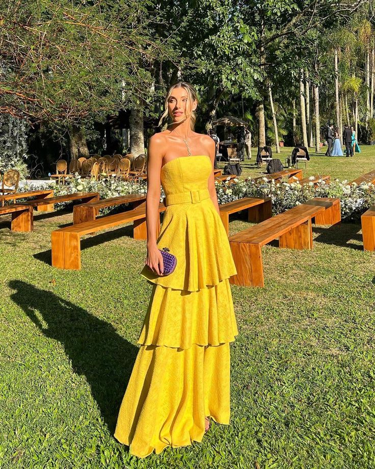 Lemon Yellow Simple Elegant Long Strapless Off-shoulder Layered Evening Dress Wedding Guest Dress Party Dress banquet outfit nv2990