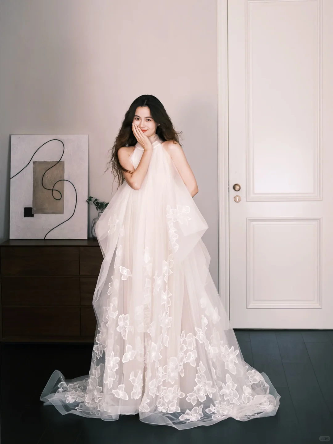 Halter Sheer Tulle Bridal Gown, A-Line Wedding Dress with 3D Flower Petal Appliques  NV7327