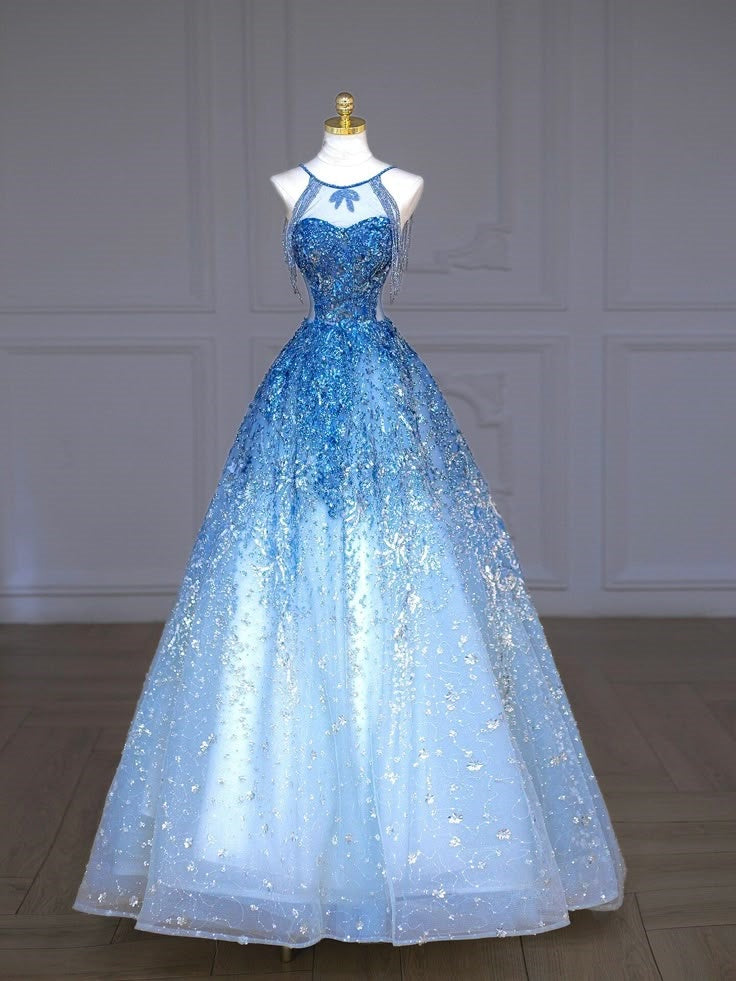 Blaues luxuriöses, mit Perlen besetztes, funkelndes, wunderschönes Brautkleid, mit Perlen und Pailletten besetztes, bodenlanges Prinzessinnen-Ballkleid nv5060