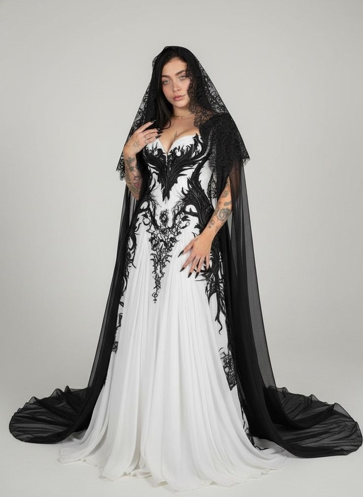 Dunkles Brautkleid NV6226 mit kontrastierender 3D-Stickerei in Lila, Schwarz und Weiß, trägerlosem Spitzenschleier und dunklem Design (3D-Stickerei)