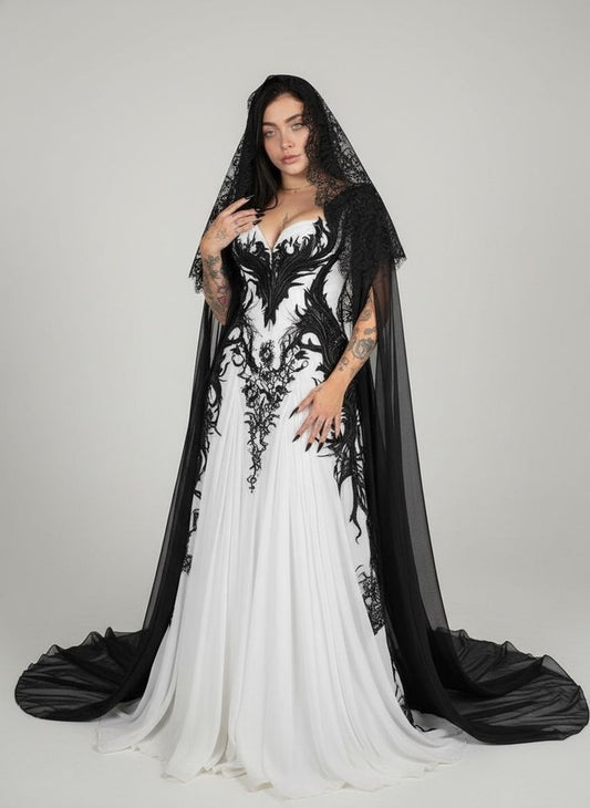 Dunkles Brautkleid NV6226 mit kontrastierender 3D-Stickerei in Lila, Schwarz und Weiß, trägerlosem Spitzenschleier und dunklem Design (3D-Stickerei)