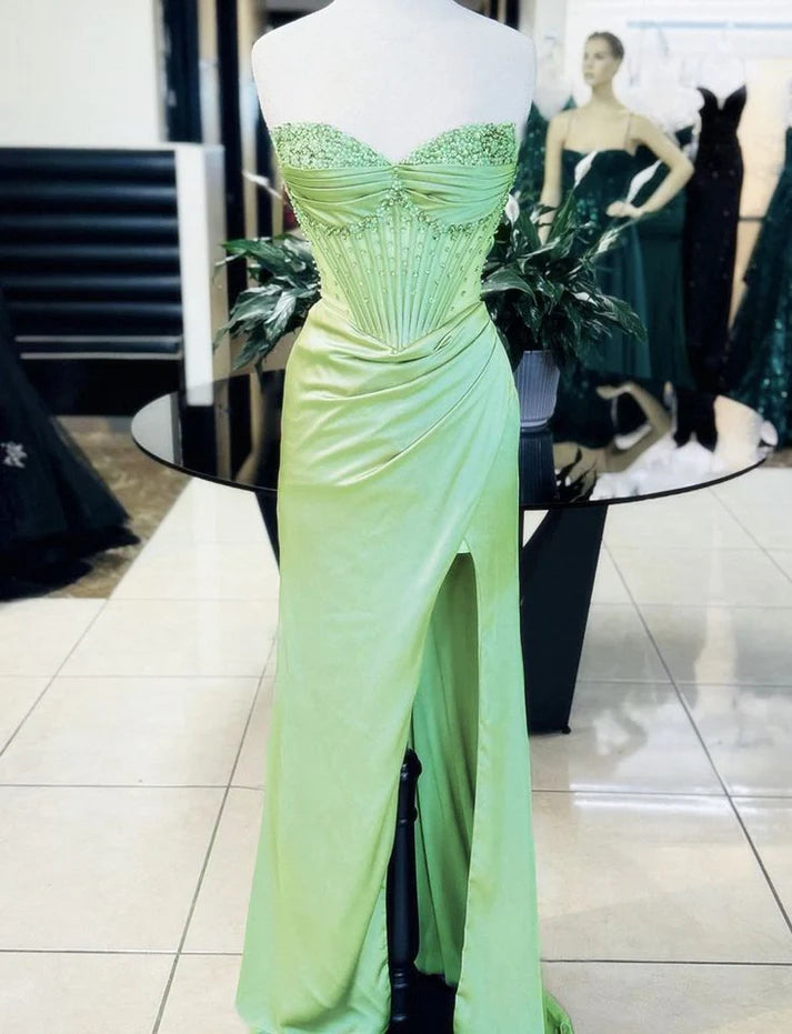 Grün Wunderschöne Glänzende Exquisite Perlen Lange satin Slit Elegante Sexy Ballkleid Abendkleid Party Kleid nv4147
