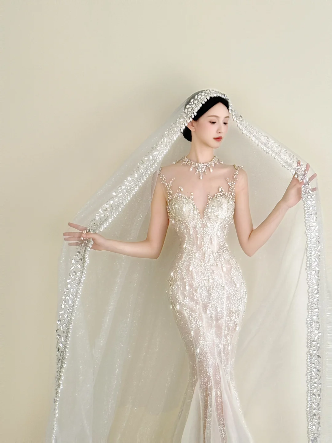 White Mermaid Beaded Sequin Wedding Dress Illusion V Neck High Slit Bridal Gown  NV7181