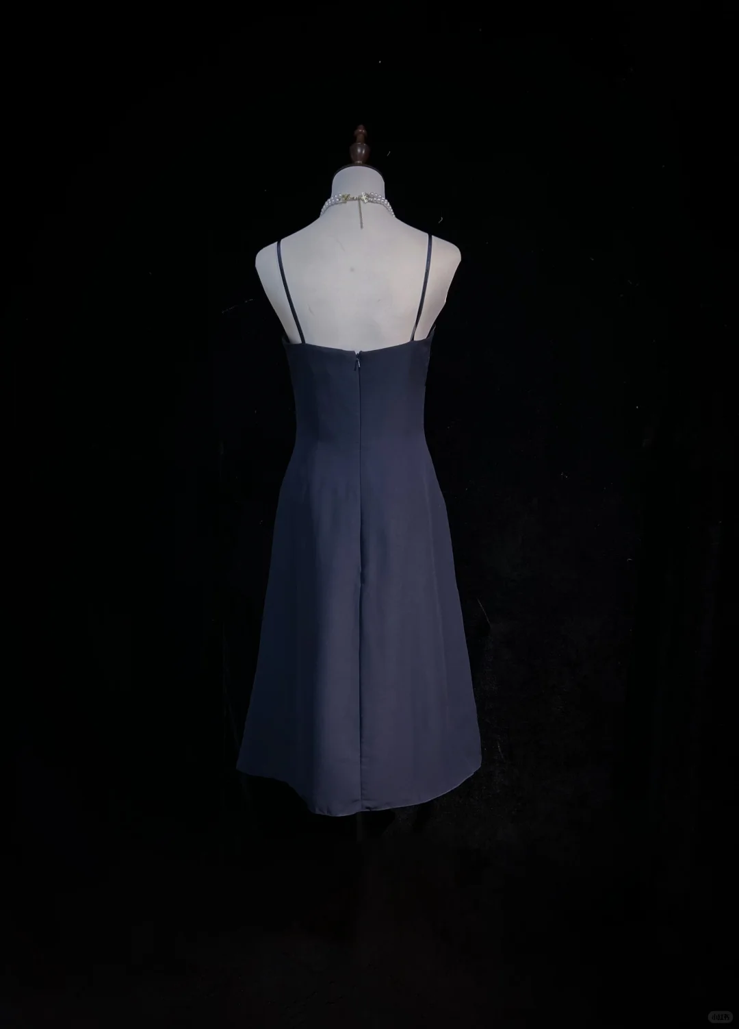 Navy Spaghetti Strap Midi Homecoming Dress Satin Bodice Rhinestone Bow Chiffon A-Line Vintage Cocktail Evening Gown  NV6909