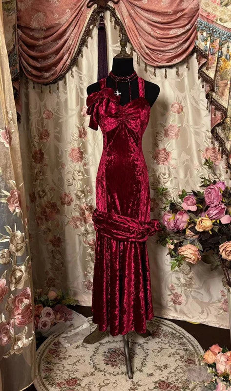 Burgundy Elegant Fashion Long Velvet Graduation Dress Mermaid Strap Ball Gown Birthday Party Dress nv3937