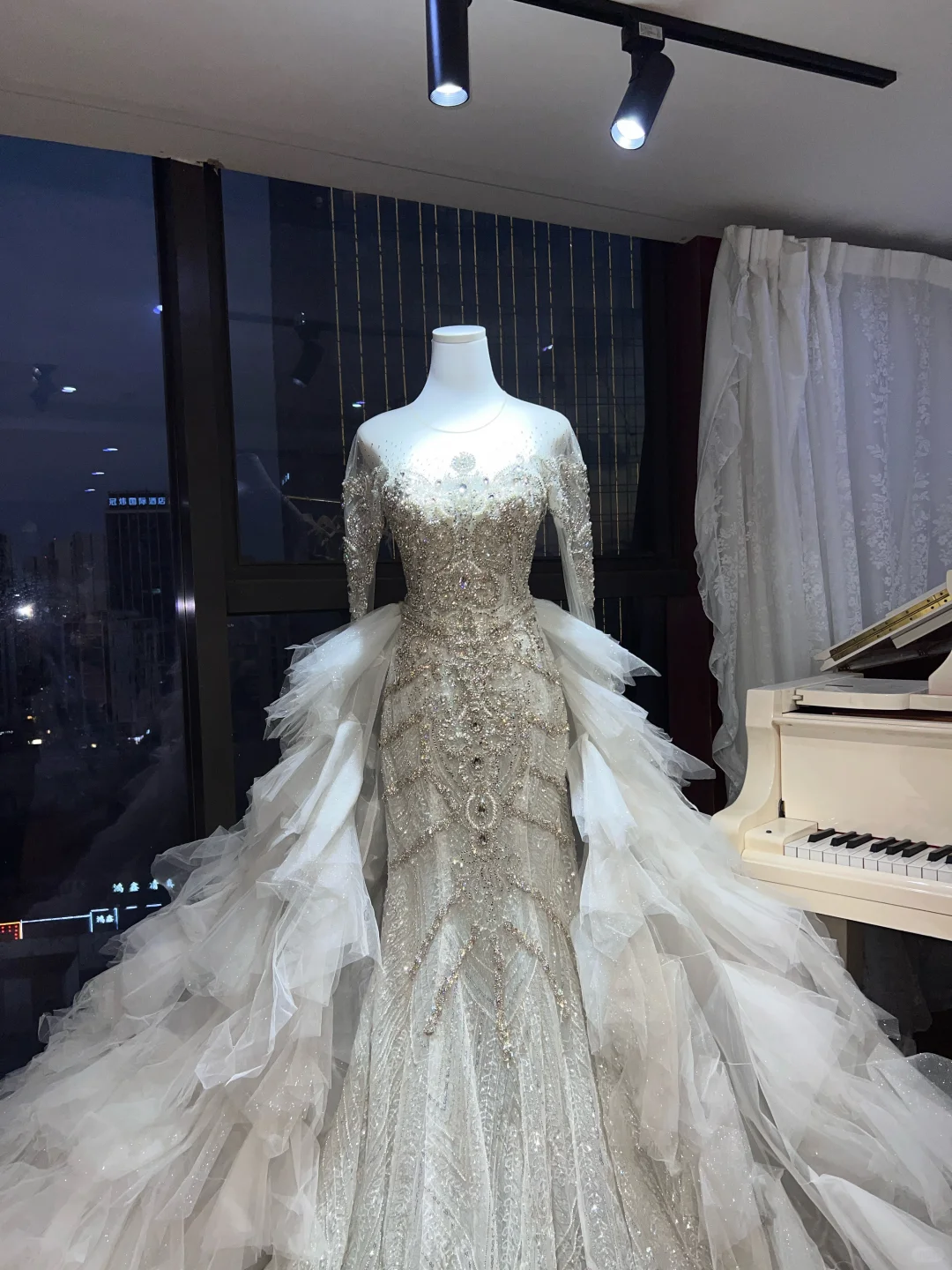 Long Sleeve Beaded Mermaid Wedding Gown, Detachable Cloud Tulle Overskirt Bridal Dress  NV7099