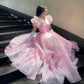 Pink Puff Sleeve Tulle Long Ball Gown Evening Dress Party Dress nv2702