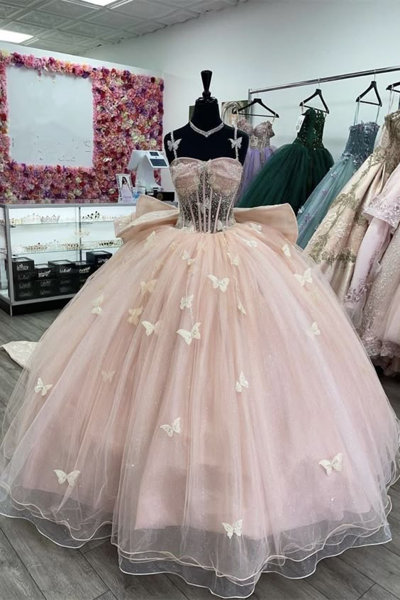robe de soirée en tulle rose papillon perlée robe de bal nv2685