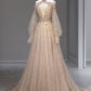 Robe de soirée élégante en tulle rose nude, magnifique, brillante, à col en V, motif floral exquis, manches longues, robe de bal, robe de bal nv3812