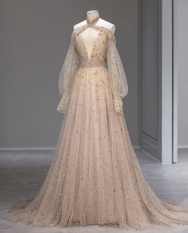 Robe de soirée élégante en tulle rose nude, magnifique, brillante, à col en V, motif floral exquis, manches longues, robe de bal, robe de bal nv3812