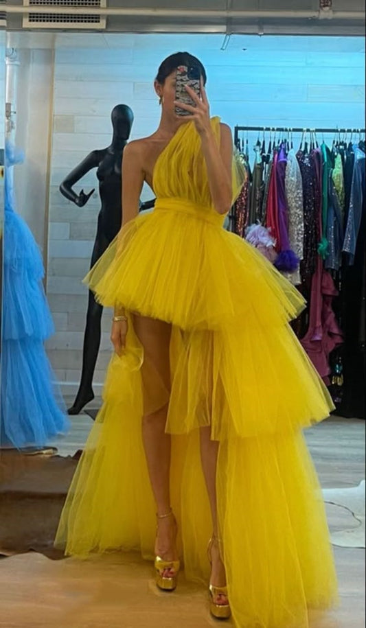 Yellow tulle layered fashion unique maxi dress long ball gown evening dress nv2669