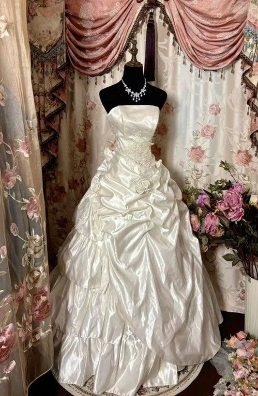 Elfenbein Elegante Exquisite Applikation Langes Satin Ballkleid Abendkleid Brautkleid nv3764