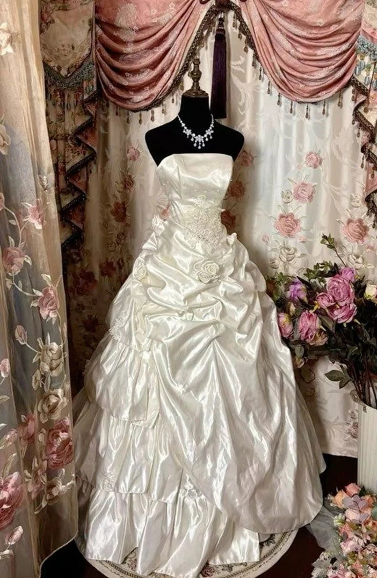 Elfenbein Elegante Exquisite Applikation Langes Satin Ballkleid Abendkleid Brautkleid nv3764