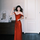 Off Shoulder Red Glitter Prom Dress, Draped Evening Gown  NV7342