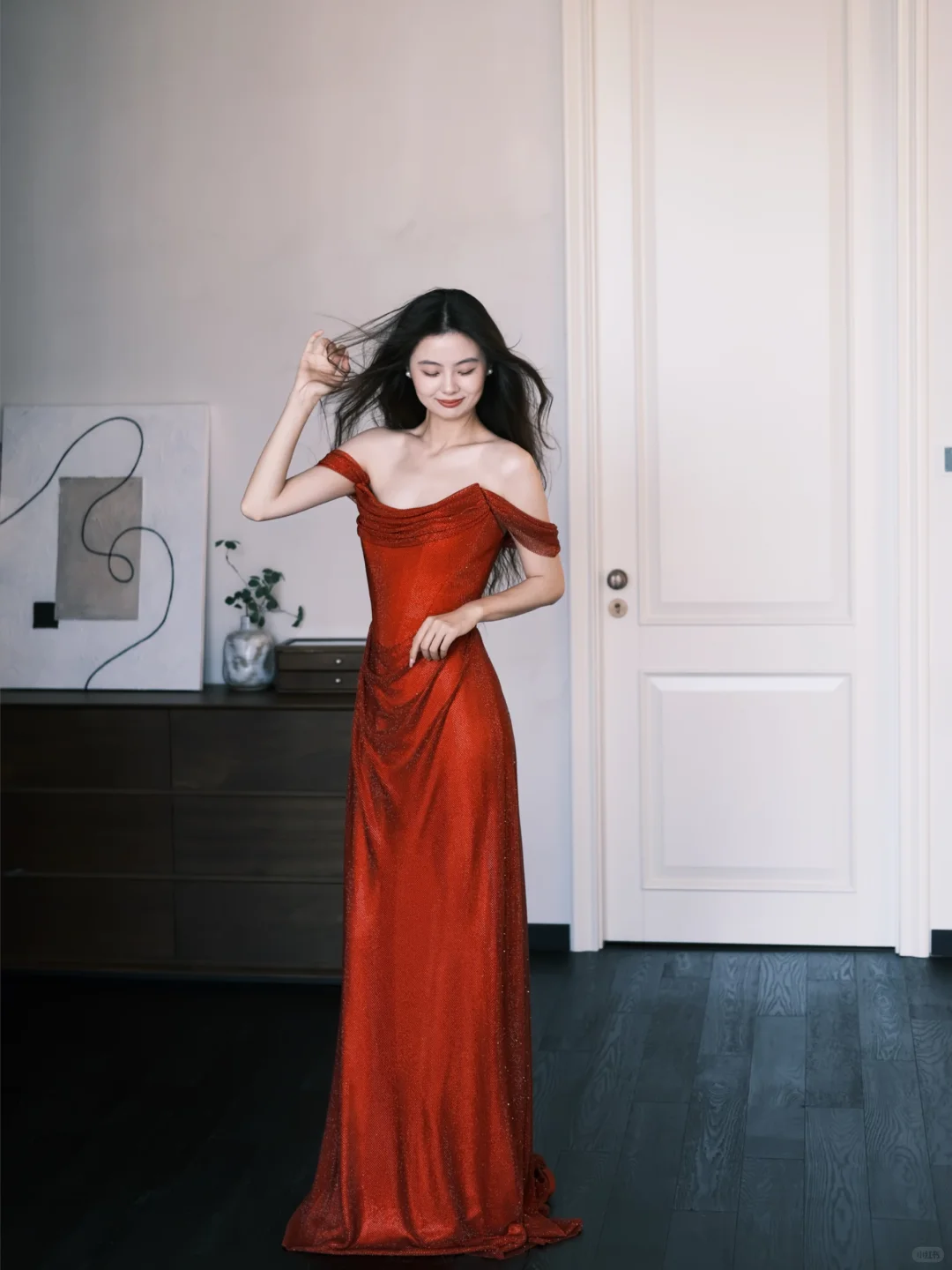 Off Shoulder Red Glitter Prom Dress, Draped Evening Gown  NV7342