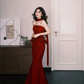 Burgundy Strapless Satin Mermaid Evening Dress  NV7318