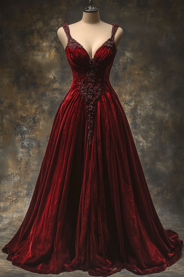 Burgundy gorgeous exquisite beaded applique A-line  prom dress long velvet ball gown evening dress nv3367