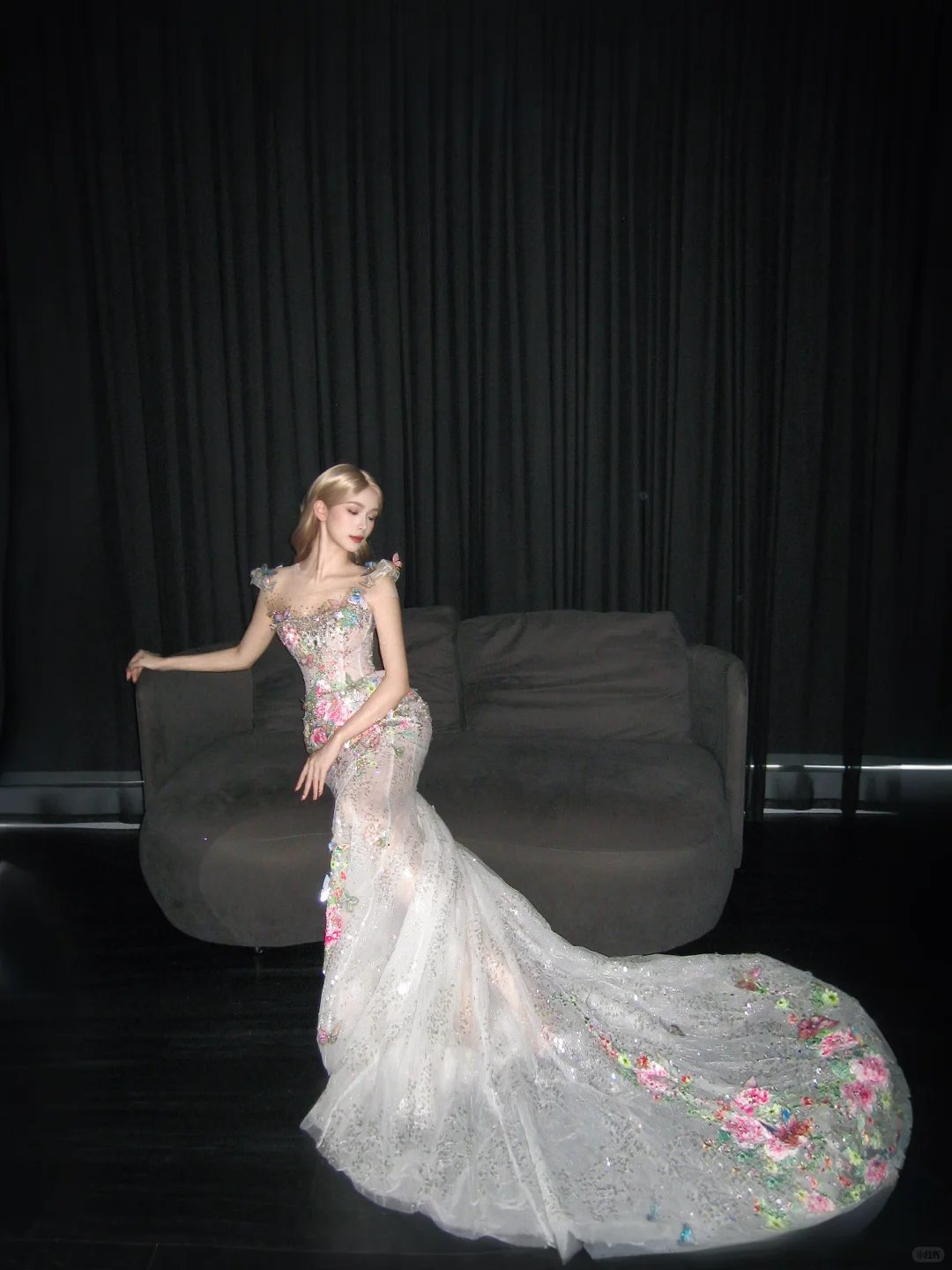 Strapless 3D Floral Mermaid Prom Dress, Beaded Tulle Cape Evening Gown  NV7106