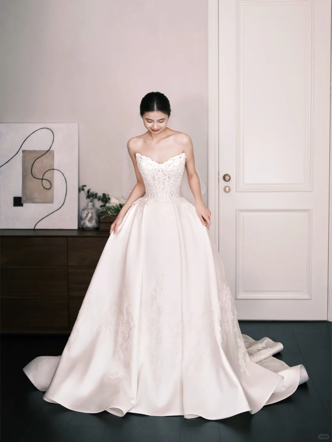 Sweetheart Strapless Satin Wedding Ball Gown, Lace Embroidery Bridal Dress  NV7328