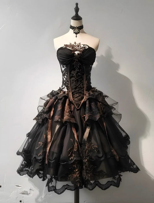 Dunkles, gotisches Spitzenkleid mit Stickerei, knielang, trägerlos, mit Korsettmuster – Lolita-Teeparty- und Dinnerkleid aus der Retro Dark Series NV6325