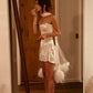 (Inklusive Schal) Elfenbeinfarbenes, schulterfreies, modisches, kurzes Satin-Heimkehrkleid, Geburtstagspartykleid, NV5278