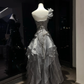 Smoky Gray One Shoulder 3D Flower Ruffled Tulle Mermaid Prom Gown  NV7096