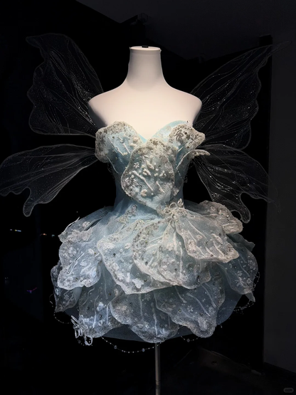 Light Blue Strapless Short Corset Formal Gown 3D Petal Fairy Wings Homecoming Dress  NV6955