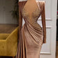 Brown Sexy Velvet Beaded Mermaid Slim Fit Long Sleeve Long Autumn Winter Prom Dress Evening Dress nv2634