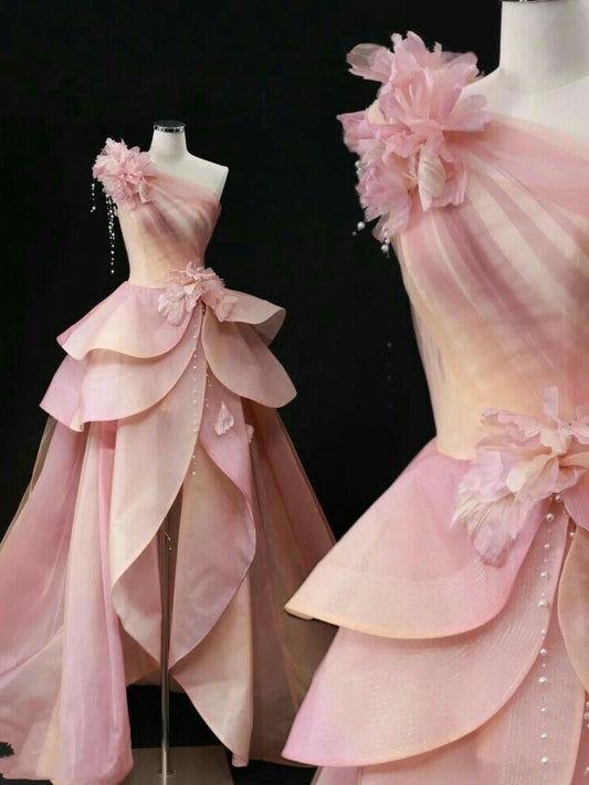 Pink Pretty Fashion Elegant Exquisite Beaded Flower Fairy Off-the-shoulder Satin Long Tulle Floor-length Ball Gown Sequined Evening Dress nv3821