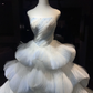 Light Blue Ombre Strapless Tulle Ball Gown, Beaded Tiered Cloud Ruffle Prom Dress  NV7085