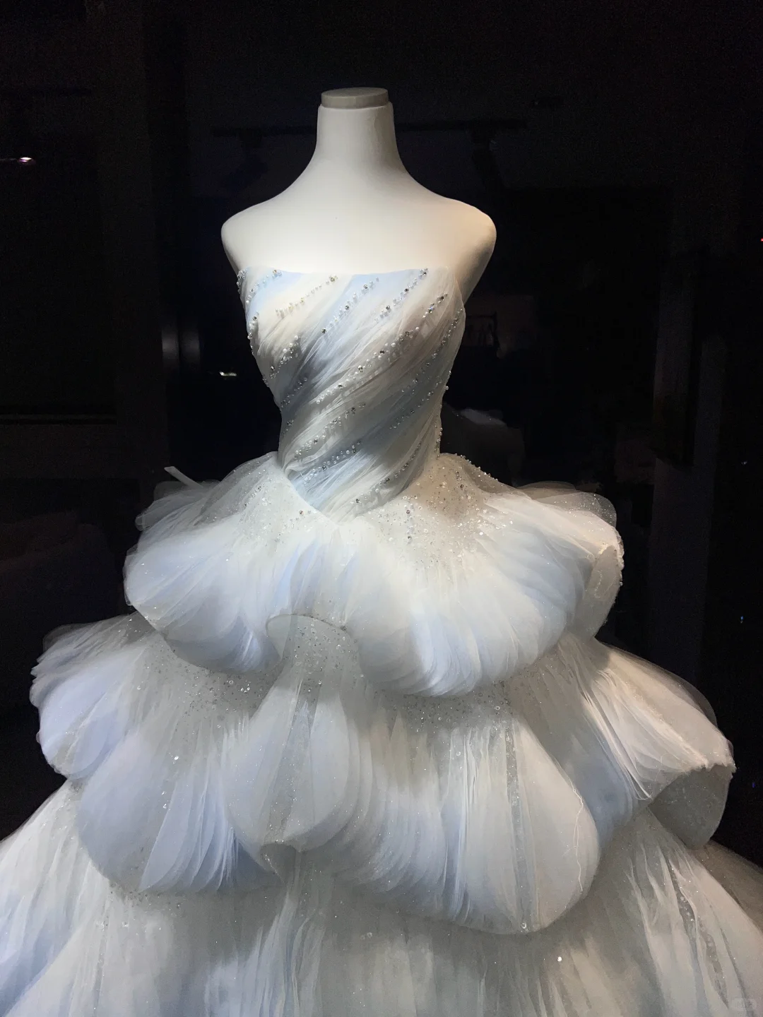 Light Blue Ombre Strapless Tulle Ball Gown, Beaded Tiered Cloud Ruffle Prom Dress  NV7085