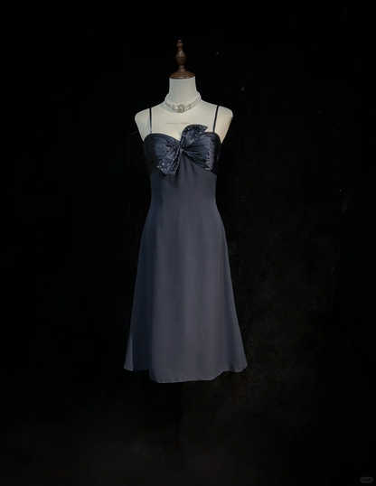 Navy Spaghetti Strap Midi Homecoming Dress Satin Bodice Rhinestone Bow Chiffon A-Line Vintage Cocktail Evening Gown  NV6909