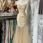 Robe de soirée élégante et raffinée, coupe sirène, en satin et tulle, à fleurs, style champagne, avec perles, coupe slim, robe de bal, robe de bal, robe de bal, nv3927