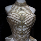 White Halter Satin Mermaid Evening Dress, Heavy Rhinestone Beaded Bodice with 3D Petal Waist  NV7088