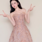 Nude Pink Strapless Spark Rhinestone Floral Midi Gown  NV7431