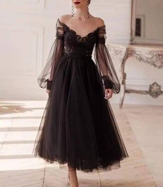 Black romantic ankle-length long sleeve tulle A-line applique long evening gown ball gown party dress nv2567